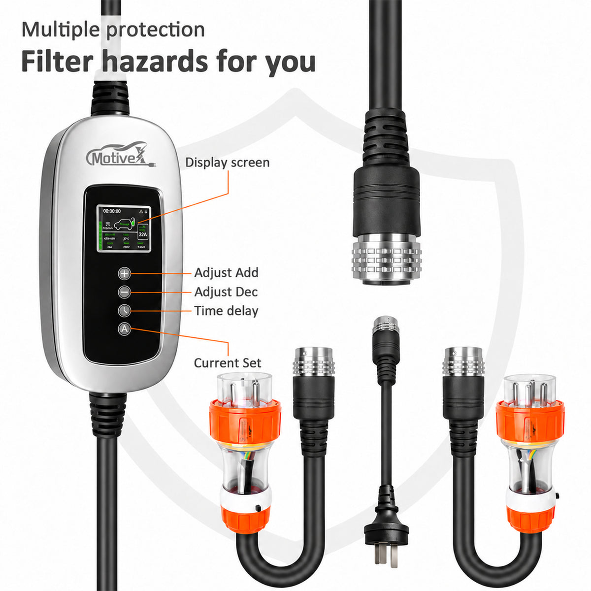 MotiveX portable EV charger with safety protection features and multiple adapter plugs laid out