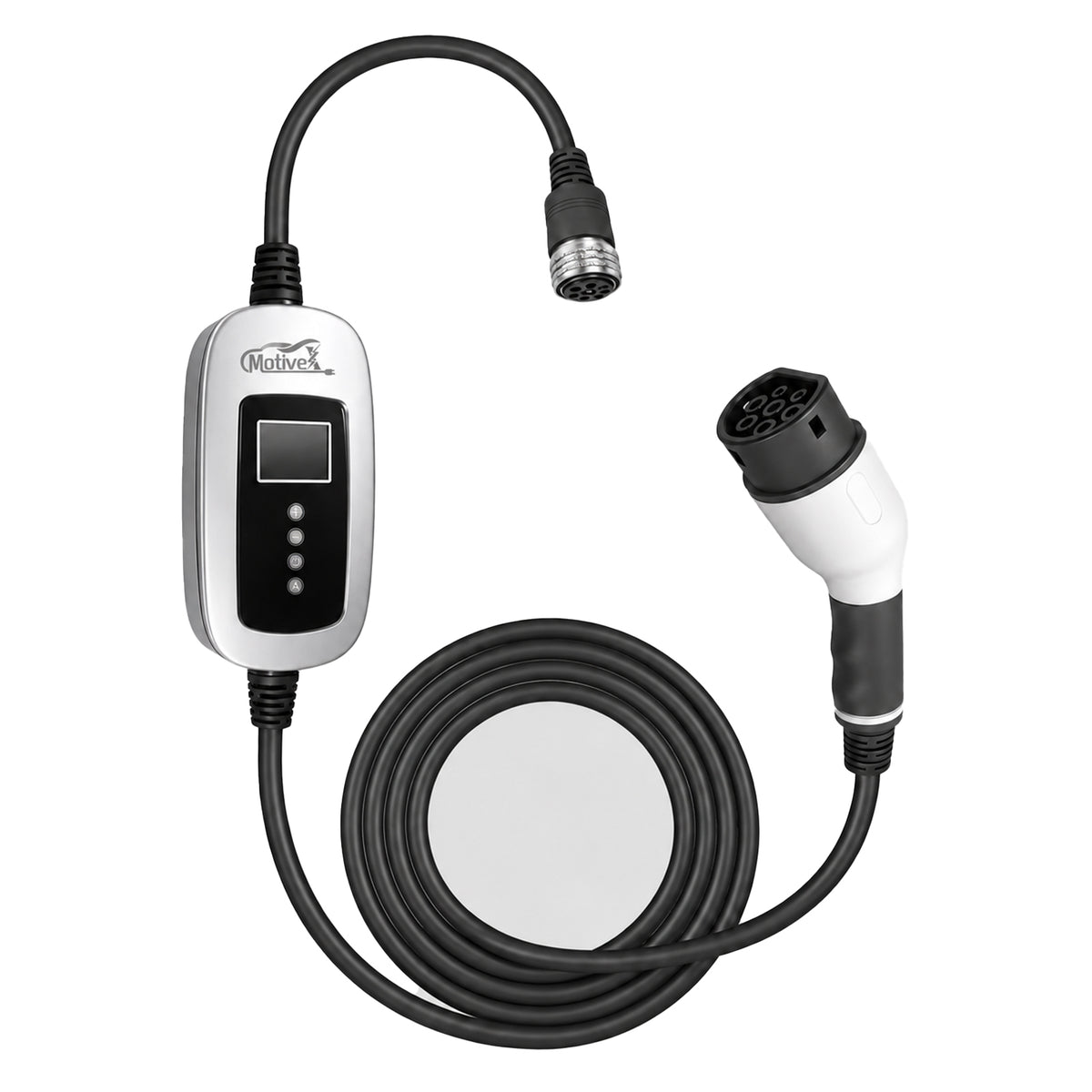 MotiveX portable EV charger LCD display and control buttons close-up