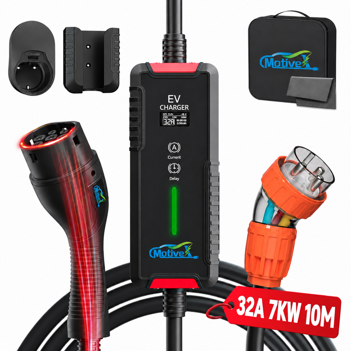 MotiveX portable Type 2 EV charger and included accessories